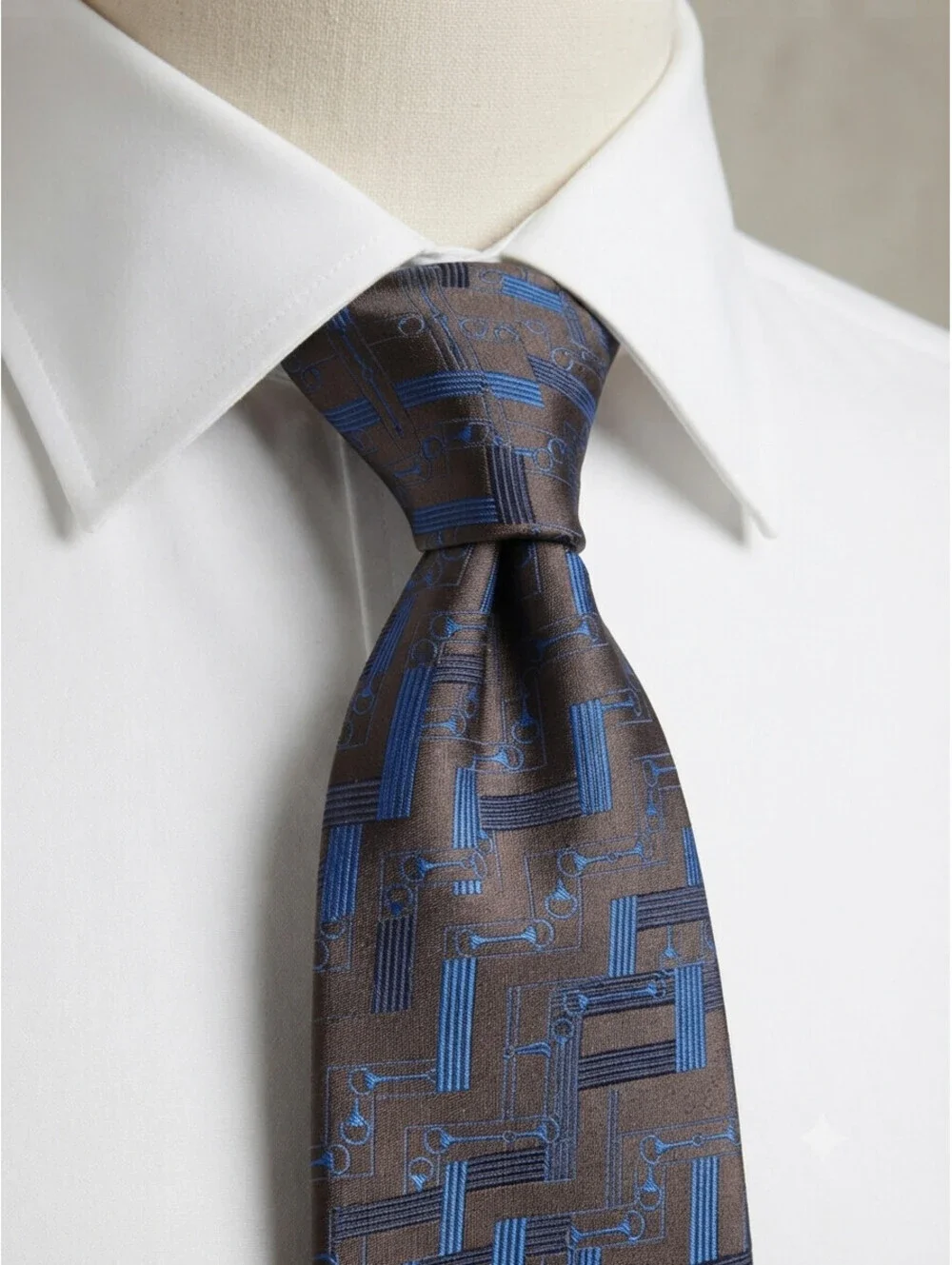 Gucci Men's Silk Necktie Geometric Horsebit Pattern Brown Blue Made in Italy
